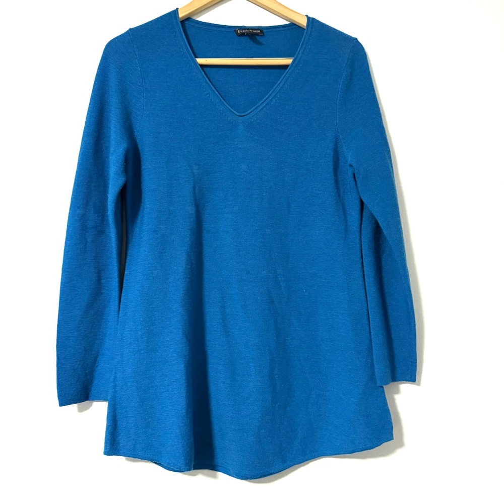 Eileen Fisher Ultramarine Blue 100% Merino Wool V-neck long sleeve Tunic Sweater